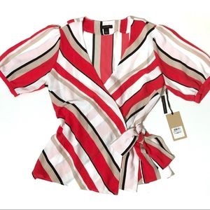 Halogen Melissa Wrap Blouse NWT Short Sleeves Red White Tan Black Stripes Small